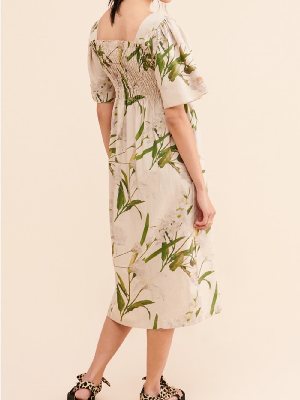 Lisa Says Gah Smocked Square-Neck Floral Midi Dress in Cream and Green - Picture 2 of 3